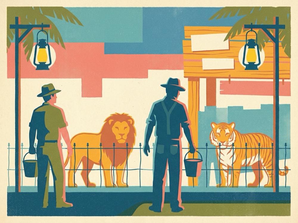 Retro postcard of keepers feeding rescued big cats at a sanctuary at dusk