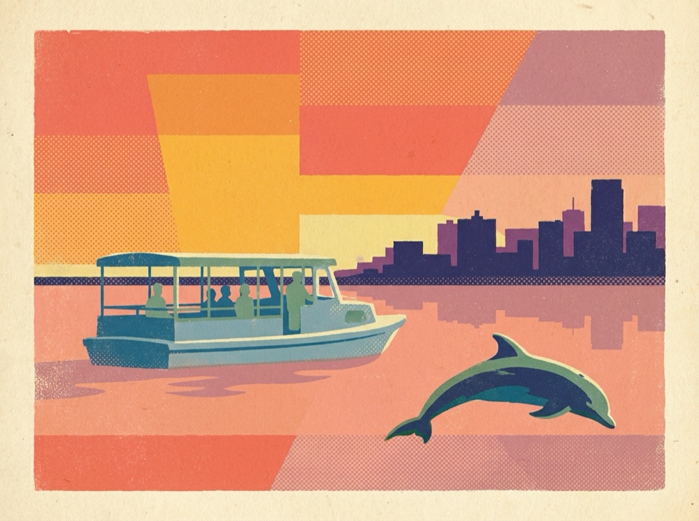 Retro postcard of a dolphin leaping by a tour boat at sunset on the river